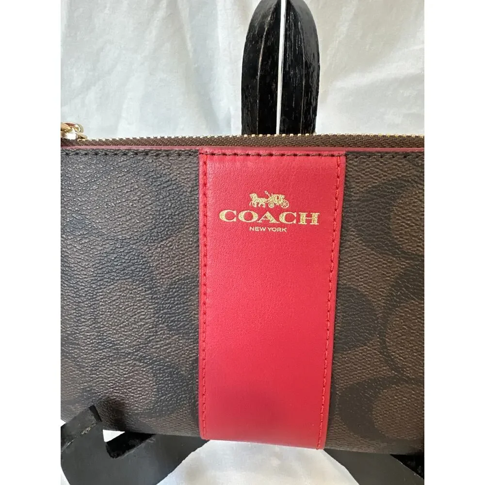 Coach Corner Zip Wristlet in Brown Red Signature Canvas NWT